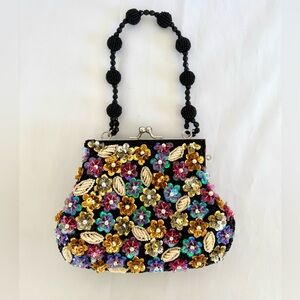 NWOT Beautiful Black Floral/Leaf Beaded & Sequined Purse w/ Beaded Handle